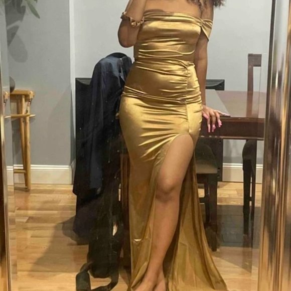 gold satin off shoulder split thigh dress elegant festive holiday party chic - Picture 7 of 9